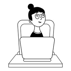 The girl is sitting at a table and working on a computer. The concept of remote work during the quarantine. hand drawn vector design illustrations in a flat style isolated on a white background.
