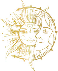 Gold Moon and sun. Vintage style tattoo illustration. Old fairytale element in trendy graphic style