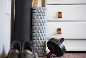 At home workout equipment packed in a corner 