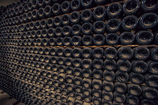 Bottle shelves in the champagne and wine factoty