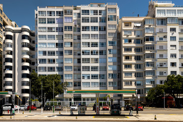 Architectural detail of facades of residential buildings at the Copacabana beach boulevard