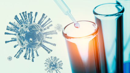 Close up pipette dropping blue solution sample into test tube in laboratory with Coronavirus...