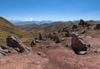 The sharp rocks of the Stone Forest on Palccoyo Mountain near the Rainbow Mountains, Peru