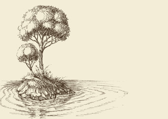 Nature wallpaper, two trees on a small island vector hand drawing