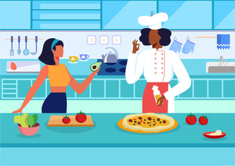 Cooking Master Class Flat Vector Illustration. Professional Chef in Uniform and Student, Assistant Cartoon Characters. Young Women Cooking Delicious Vegetarian Pizza. Culinary School, Training