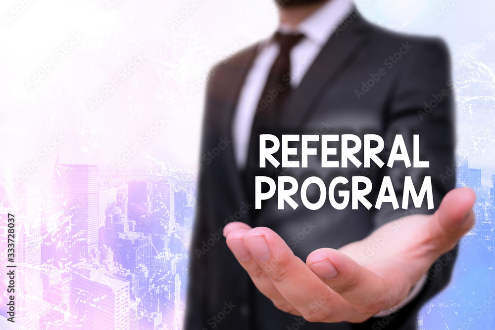 Aufkleber conceptual hand writing showing referral program. concept meaning employees are rewarded for introdu