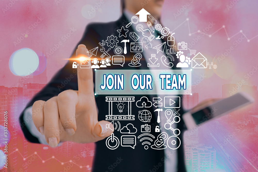 Poster conceptual hand writing showing join our team. concept meaning inviting someone into your local comp