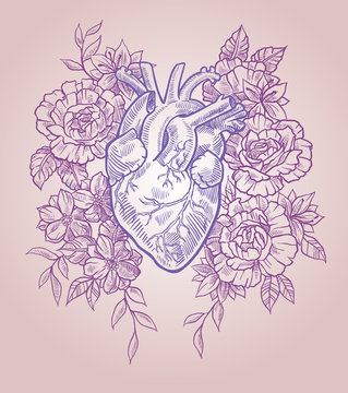 Anatomical human heart in flowers and plants