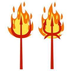 Devil's Trident. Hell fork. Cartoon flat illustration. Set of Halloween red evil demon costume item. Weapon Of Satan with fire and flame