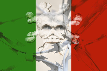 The Italian flag is interlaced with barbed wire with the abstract symbol of the deadly virus. Country isolation concept.