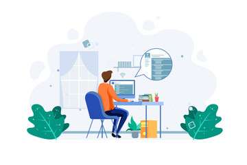 Student do online examination, e-learning concept. Business worker work from home. Male with computer illustration concept. Vector