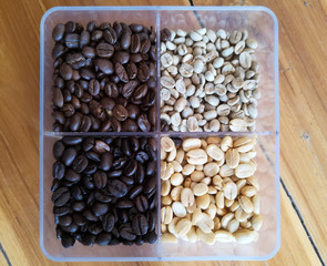 Coffee beans have many levels of roasting., from storage, dried to roasted