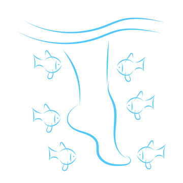 recommend clip art: Fish spa pedicure wellness skincare treatment. Blue female feet in water with many fish. Nibbling fish feet treatment and pedicure concept. Woman legs vector illustration for design and icon