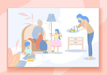 Happy Family Spend Time Together. Mother Bring Sweets, Grandmother Knitting Clothing, Daughter and Son Playing. Visiting Granny on Vacation, Love, Relations, Parents. Cartoon Flat Vector Illustration