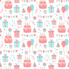 Vector seamless pattern with birthday elements on white background. Party elements, balloons, cake and capcakes, gift box, party hat, flag. For greeting card, design, print, wrapping paper and posters