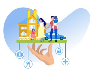 Husband Wife and Two Children on Background House. Blue Car. Vector Illustration. Reliable Protection. Insurance for Family. Insurance Case. Employee Insurance Company and Client. Insured Property.