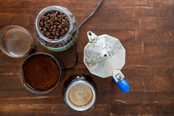Above view of coffee supplies on wooden table