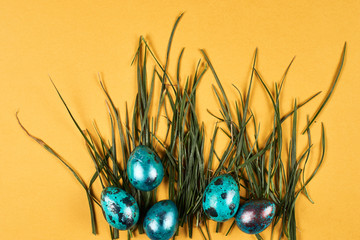 colorful easter eggs on yellow background