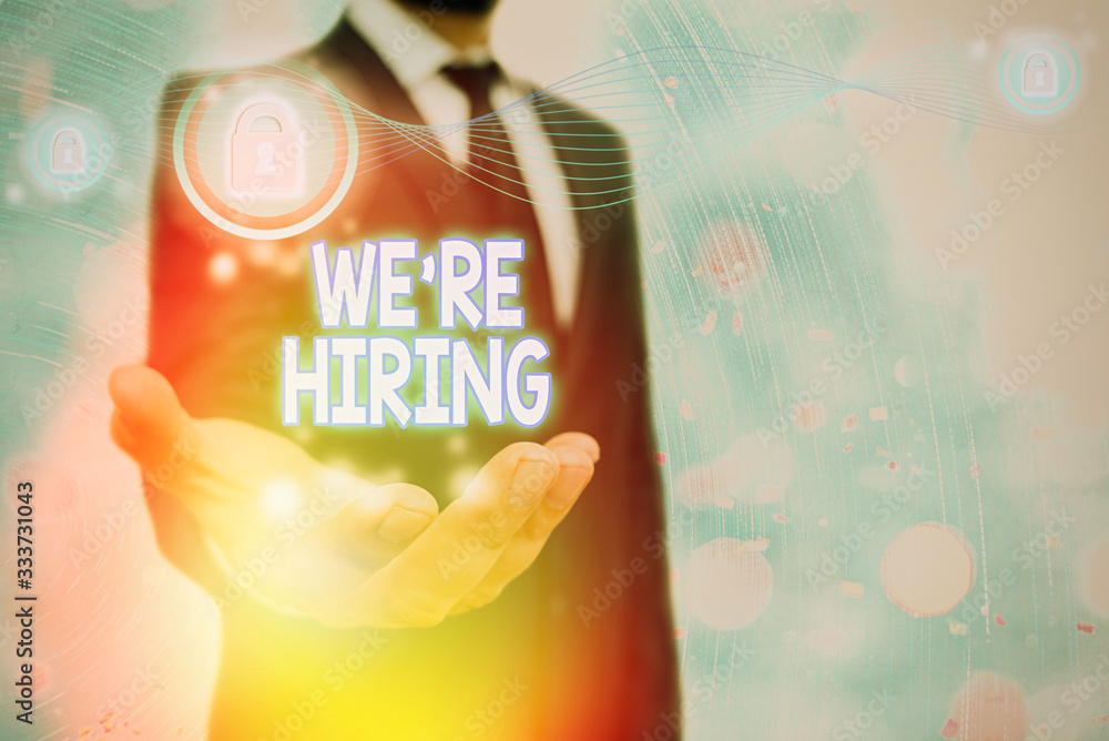 Poster writing note showing we are hiring. business concept for process of reviewing applications and findi