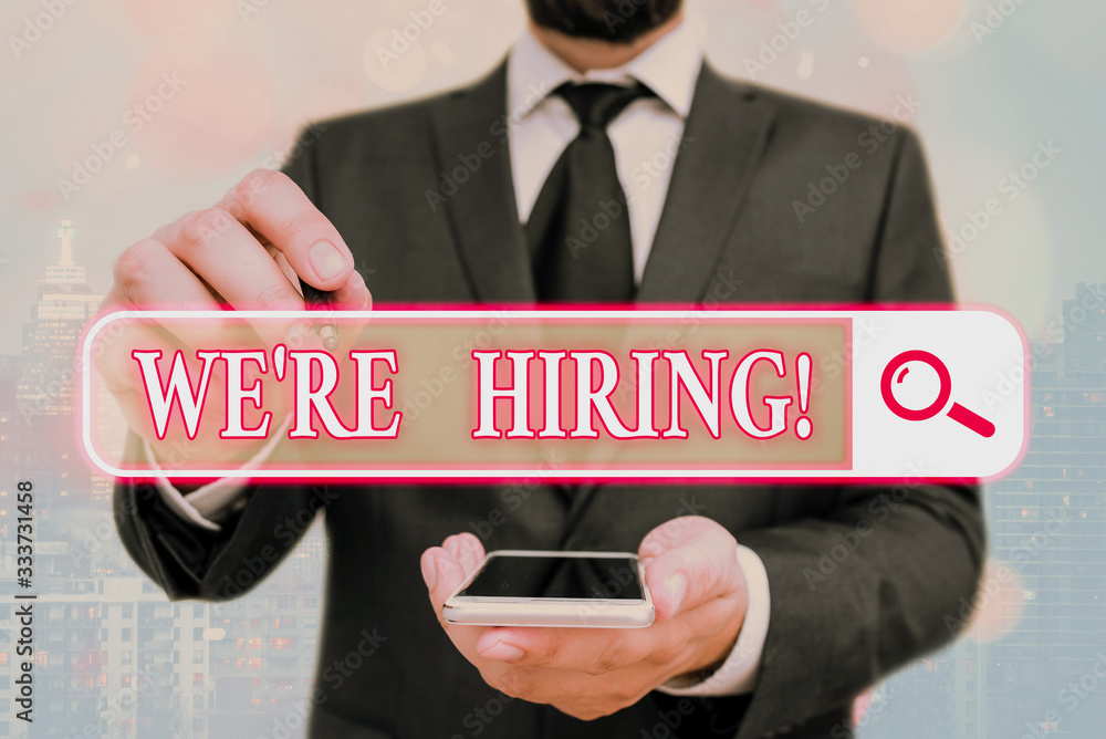 Poster handwriting text we are hiring. conceptual photo process of reviewing applications and finding candi