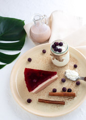 Diet layered dessert blancmange made from soy milk, carob and fruit jelly with cherry and black...