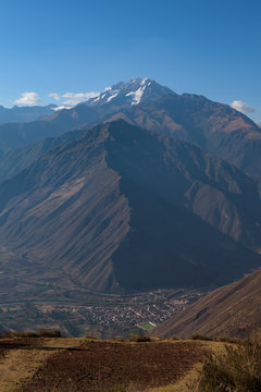 Lush valleys with in the background Salkantay Mountain, seen from the Sacred Valley near Cusco, Peru