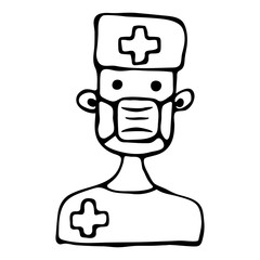 Vector flat illustration of a medical worker icon with a headdress and clothing with a professional symbol . Black outline on an isolated white background in the Doodle style. For websites, textiles