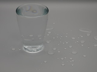 Glass of water on gray surface, march 2020