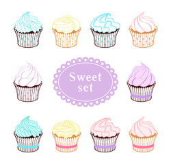 Set of colorful muffins, cupcakes. Vector decorative elements for bakery, cafe, sweet shop, pastry shop, confectionery, packaging, wrapper, menu, signboard, label, emblem, logo, holiday greeting card