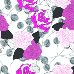 Seamless floral pattern with pink roses on light background,
