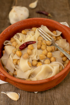 Dish of Lagane with chickpeas, homemade Italian pasta, typical food from the Calabria.