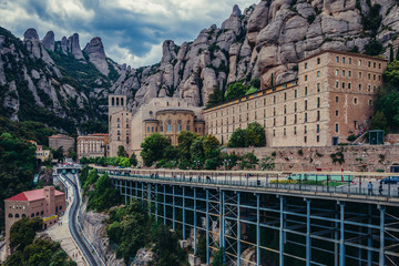 Aerial view on Santa Maria de Montserrat Abbey in Montserrat mountains, Spain