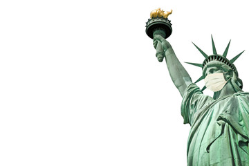 Fototapeta premium Statue of Liberty wearing a medical face mask isolated on white background. New coronavirus, covid-19 in New York and USA epidemic crisis concept