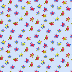 Seamless watercolor pattern consists of funny colorful birds on a blue background.