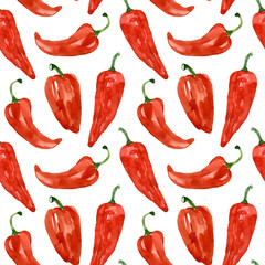 Watercolor pattern of spicy paprica. Hand-drawn illustration isolated on white background. Colorful red seamless ornament.