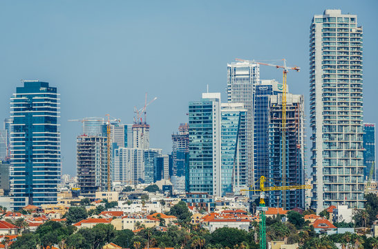Aerial view from Abrasha park with many office buildings and residential skyscrapers in Tel Aviv, Israel