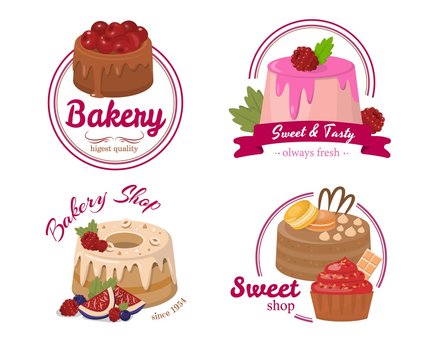 Pastry Label or Sticker Cartoon Set with Fruitcakes, Muffins, Cupcakes and Text. Design Template Collection for Always Fresh Highest Quality Bakery Products in Sweet Shop. Vector Flat Illustration