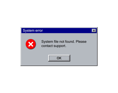 Old error window, abstract alert interface element in vintage style with red icon and ok button. Classic window error message mockup.