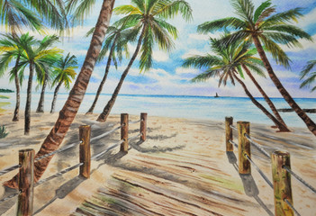 Watercolor tropical landscape palms, ocean, blue sky with clouds. Original painting. Hand drawn.