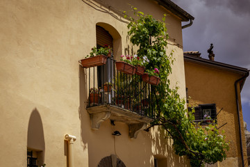 balcón histórico con flores y plantas colgantes