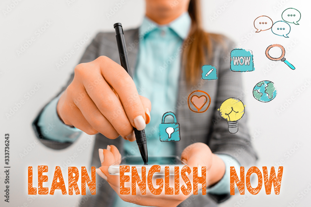 Poster text sign showing learn english now. business photo text gain or acquire knowledge and skill of engl