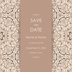 Wedding Invitation and save the date card Eastern style. Arabic  Pattern. Mandala ornament. Frame with flowers elements. Vector illustration.