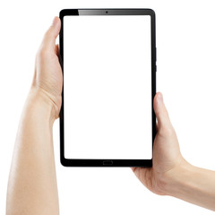 Hands with a black tablet, isolated on white background