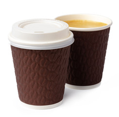 Paper coffee cups isolated on white background. Close up.