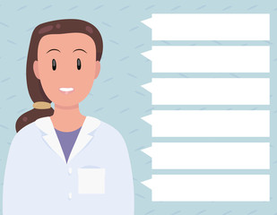 Doctor girl with brown hair in a white coat gives a list of six tips in a hospital on a blue background simple vector illustration.