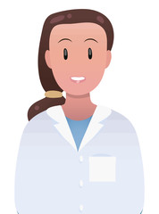 Young brunette doctor girl in white medical coat smiling simple vector isolated drawing object on white background.