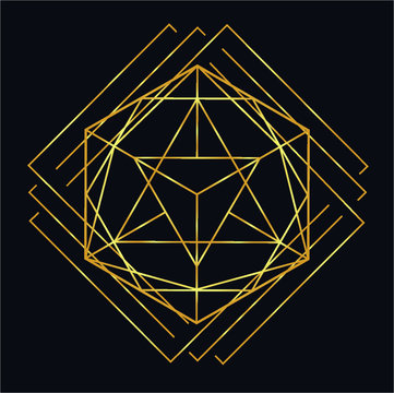 Golden vector sketch tattoo geometric shape, triangle, line art, rhombus, diamond and square.