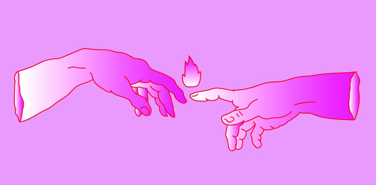 Two hands going to touch together. Simple line art style illustration for tattoo or fashion print design.