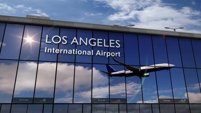 Jet aircraft landing at Los Angeles, California, USA, United States 3D rendering animation. City arrival with the airport terminal and reflection of the plane. Travel, tourism and transport concept.