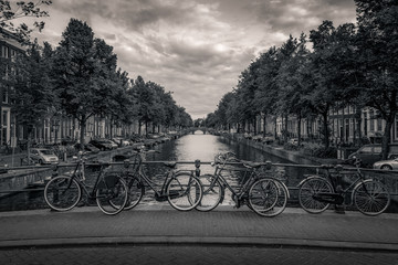 Amsterdam Canal and bikes in Black and White